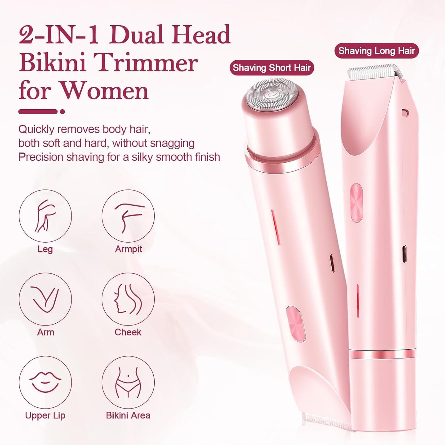 Bikini Trimmer for Women, 2-in-1 Dual Head Shaver Women, IPX7 Waterproof Gentle Electric Razors for Sensitive Areas, Cordless Hair Removal for Shower & Travel, Holiday Gift (Pink)