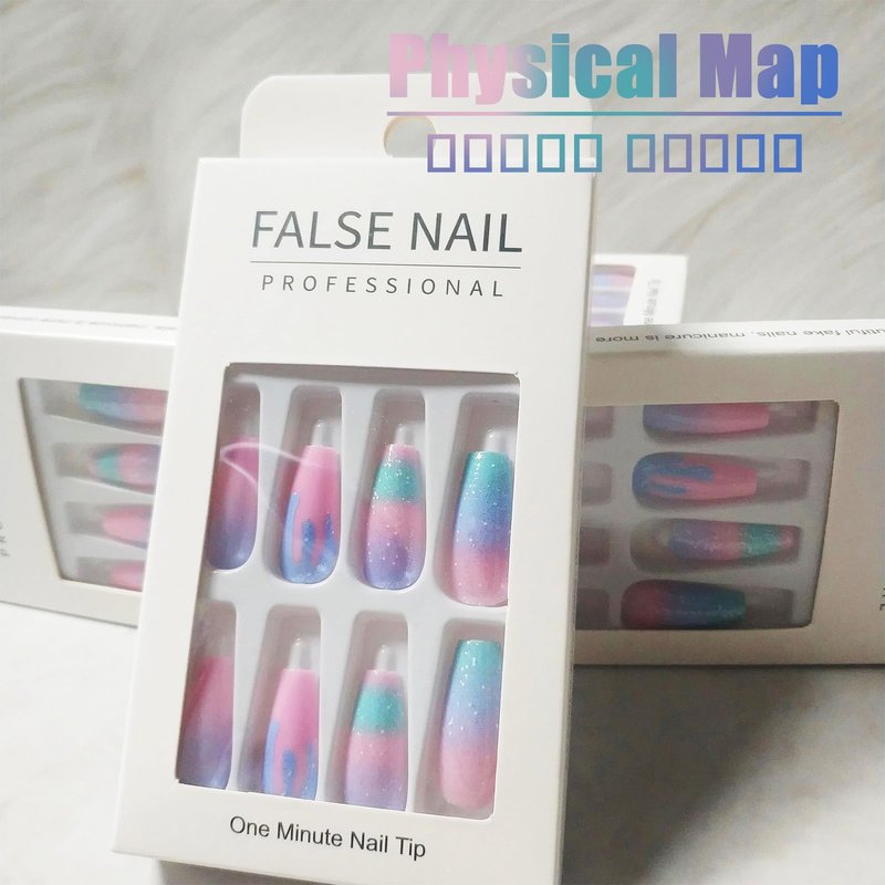 Coquette 24Pcs Rainbow Gradient Coffin Nails with Macaron Design - Sparkly Medium Glossy Glitter Manicure Art Acrylic False Nails