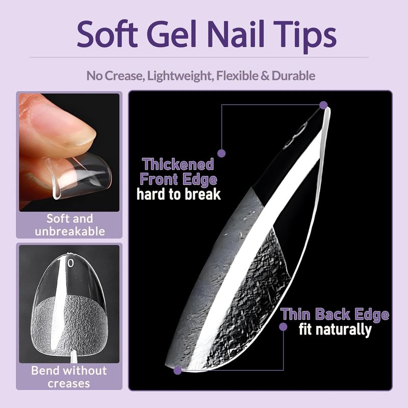 AddFavor Extra Short Almond Nail Tips, 480pcs Soft Gel Nail Tips Almond Shape Clear Fake Nails Full Cover Acrylic Nails Tips for Extensions Manicure Home DIY 12 Sizes