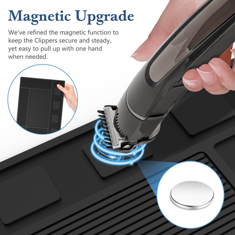 Magnetic Barber Mat for Clippers,Station Barber Tool Organizer Mat Rubber for Scissors Salon Barber shop Beauty Tools with 4 Slots Flexible Silicone Barber Pad Non-Slip Professional Barber Accessories