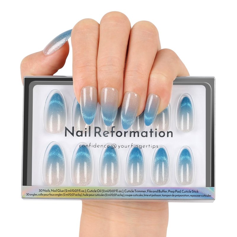 Nail Reformation Press On Nails, Ombre Blue Velvet Shimmer Medium Almond Fake Nails in Glitter French Tip, Salon Quality, Reusable Stick On Nails in 15 Sizes - 30 Nail Kit with Glue, Gifts for Women