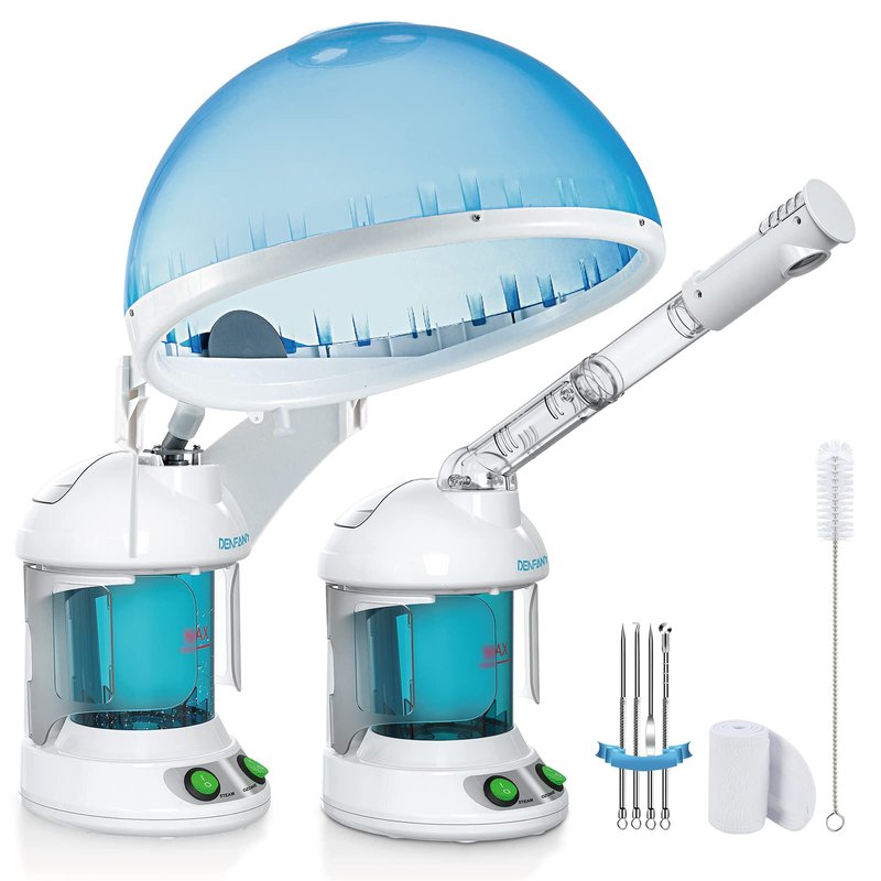 DENFANY Hair Steamer Facial Steamer 2 in 1 – Nano Ionic Steam for Deep Hydration, Adjustable Arm, Easy-Clean Wide Mouth Tank, Home & Salon Use