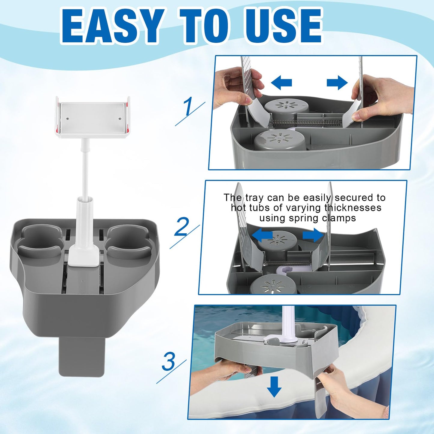 Klyyo Clyro Hot Tub Table Tray with Adjustable Phone Holder 2 Cup Holders, Fits 5.9-9.8", 3 in 1 Hot Tub Accessories for Aboveground Outdoor Inflatable Pool Drinks Snacks Spa Gift for Women Mom Adults