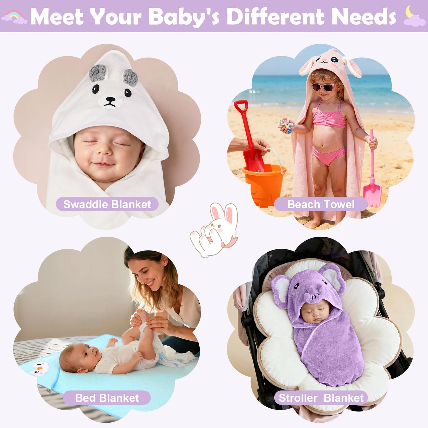 CandyHome 12 PCS Baby Bath Towels Set for Infants Toddlers, 4 PCS Animal Hooded Baby Towels & 8 PCS Washcloths Set, Ultra Absorbent Newborn Bath Essentials Gifts for Boys & Girls