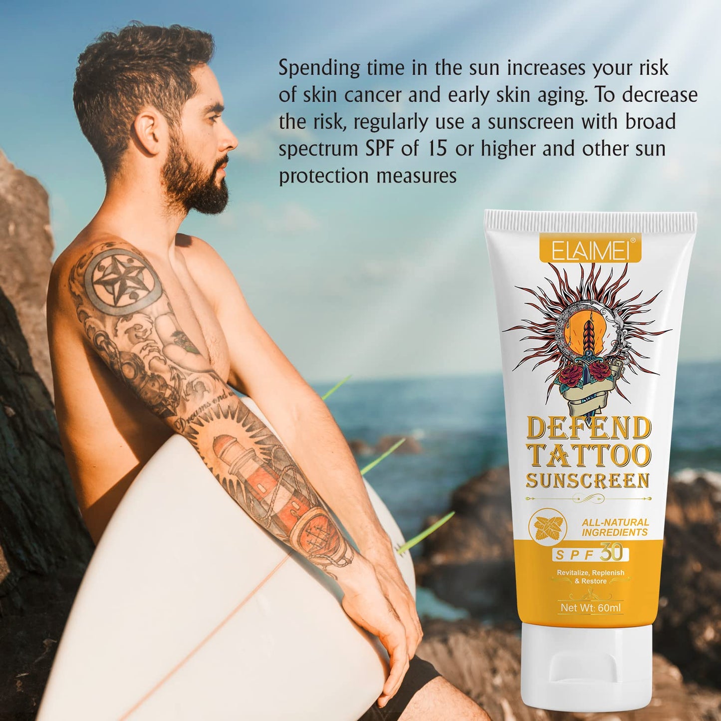 Tattoo Sunscreen -Tattoo care cream, SPF 30+ for Tattoo Sun Protection Hydrates New Tattoos -Natural Ingredients-100% Vegan Tattoo Cream