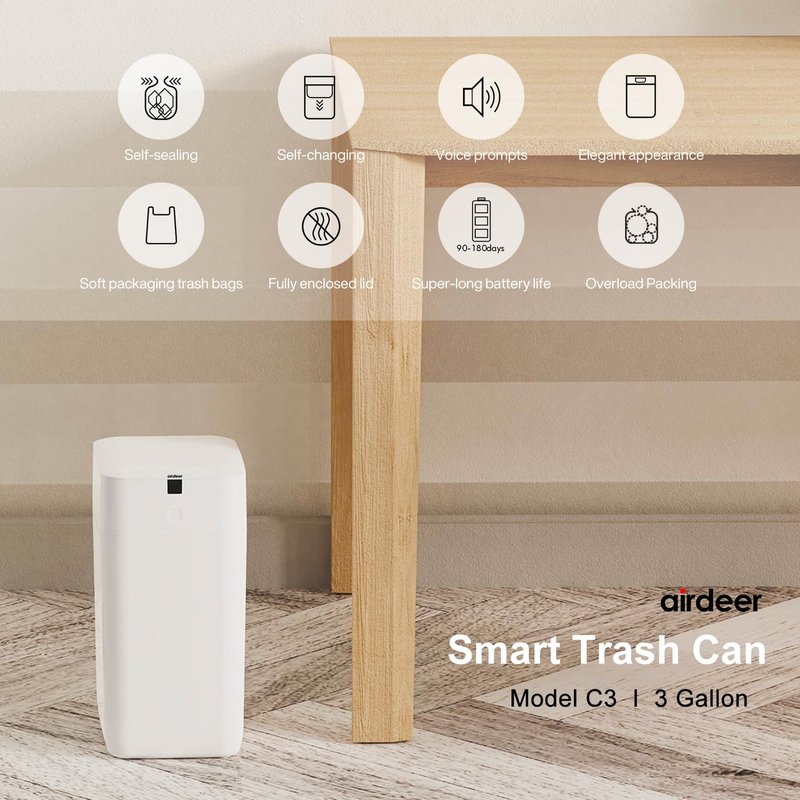 Airdeer Automatic Trash Can - 3 Gallon Touchless Motion Sensor Garbage Can | Self-Sealing & Self-Changing with 6 Refill Rings (C3, White)