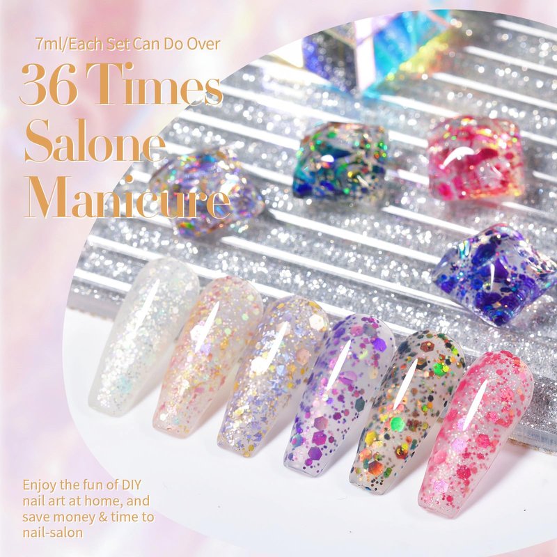 Born Pretty Glitter Sequins Gel Nail Polish Sparkly Shiny Pink Yellow Blue Green 6pcs 7ml Set Soak Off U V Nail Gel Nail Art Manicure Varnish Kit