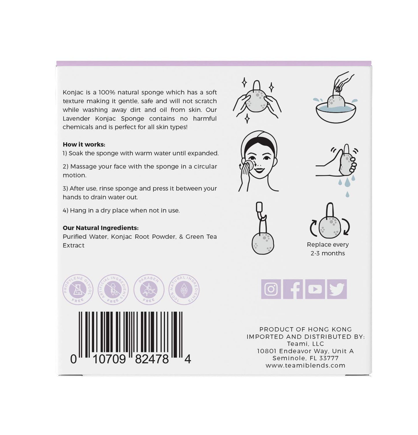 Teami Exfoliating Konjac Facial Sponge - Cleansing Pore Refining Face Sponges (Lavender)