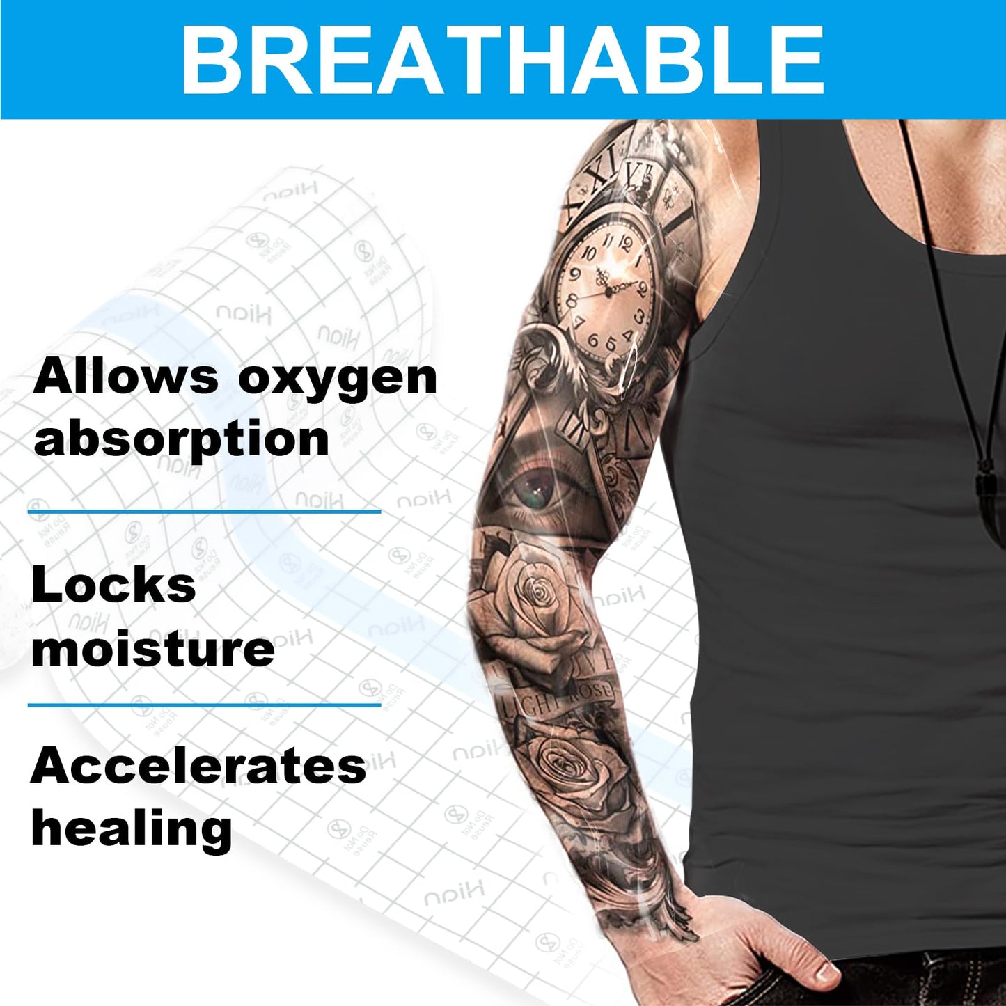 Hion Tattoo Aftercare Waterproof Bandage (F.D.A Approved) Transparent Film Dressing 50 Pre-Cut Sheets4 x 4 Inch Tattoo Cover Up Tape Second Skin Adhesive Bandage Wound Cover for Swimming Shower Shield