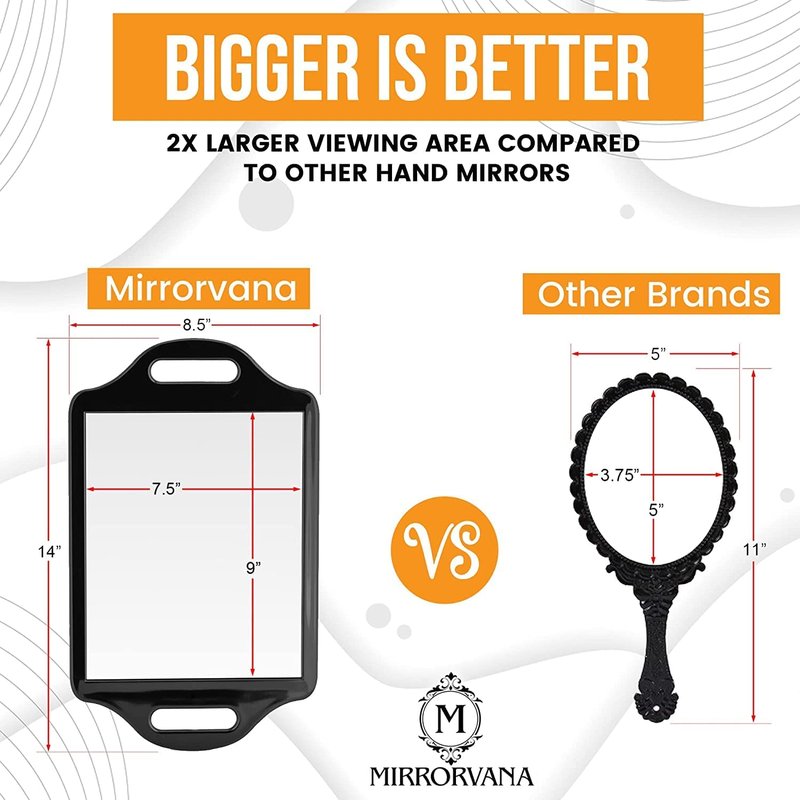 Mirrorvana XLarge Barber Hand Mirror with Double Comfy Handles, Professional Handheld Mirror for Salon and Barbershop (14” x 8.5”)