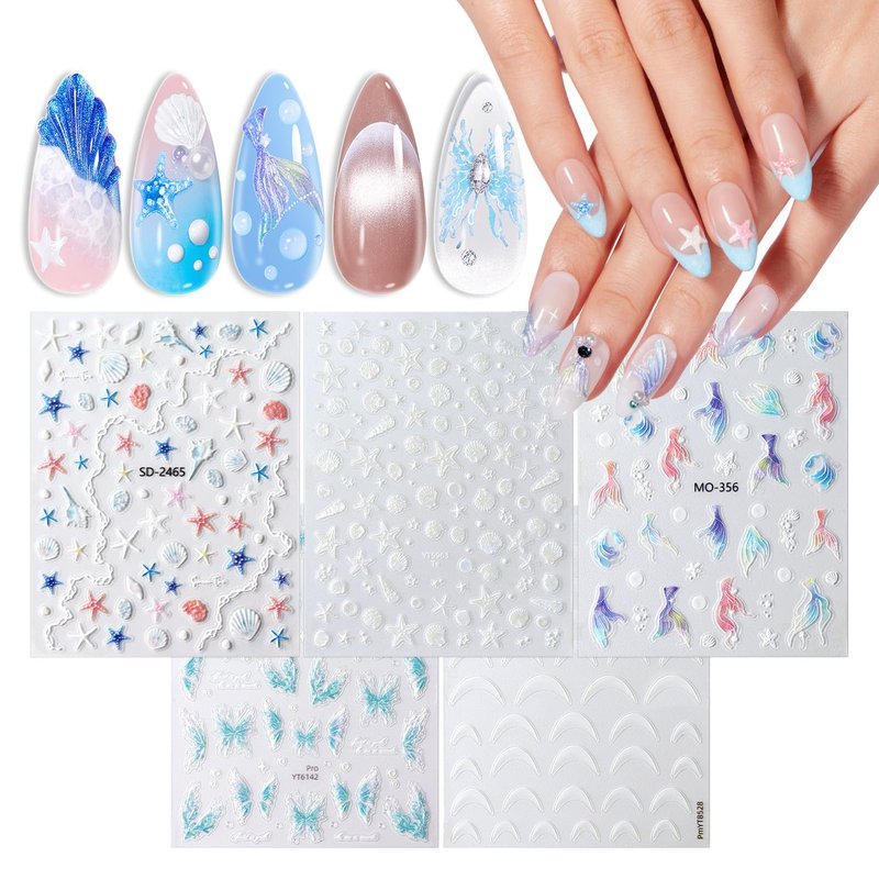 Modelones Nail Stickers - 3D Embossed Ocean Blue Mermaid Shells & Pearls for Stunning Nail Art | DIY Supplies for Women & Kids