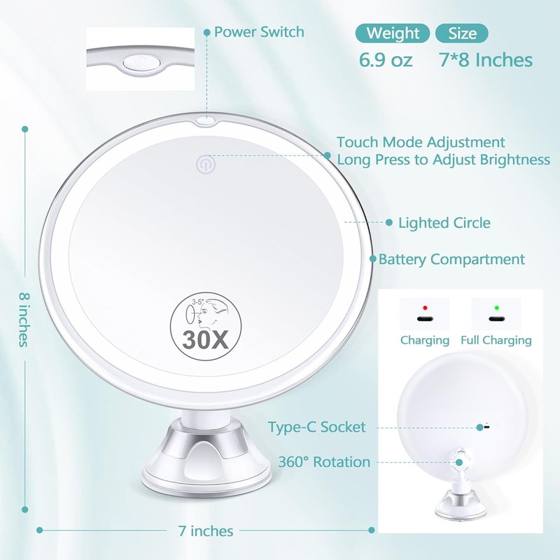 Lighted Makeup Mirror - 30X Magnification with Adjustable Brightness | 3 Color Modes, 360° Swivel Design, Suction Cup