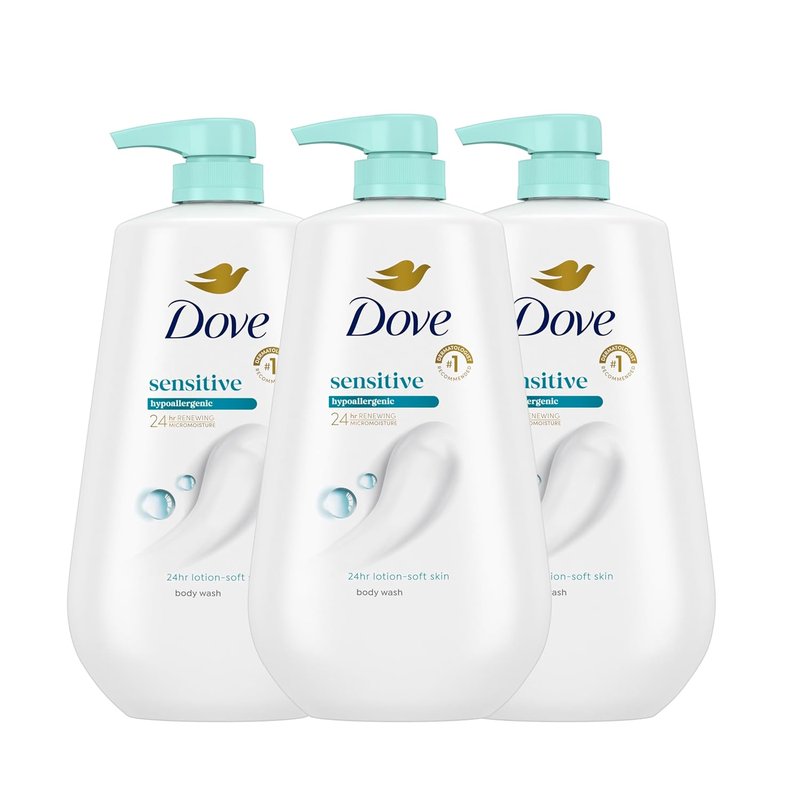 Dove Body Wash - Sensitive Skin Moisturizer | 24-Hour Hydration, Gentle & Hypoallergenic, 3 Count