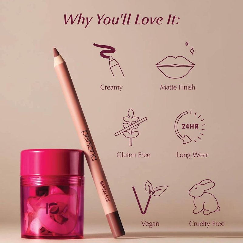 PERSONA Americano Lip Liner Pencil - Creamy Long-Wear Matte with Jojoba Oil | Defines & Contours Lips | Vegan & Cruelty-Free