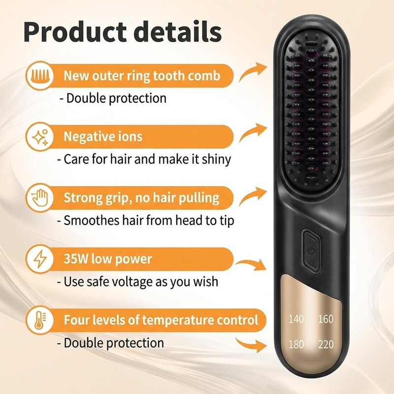Go Brush Pro Cordless Hair Straightener Brush - 4 Adjustable Temperatures, Portable USB Charging, Black
