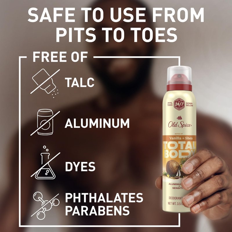 Old Spice Whole Body Deodorant Spray for Men, Aluminum Free, 24/7 Odor Protection, Dermatologist Tested, Gentle on Skin, Safe for Chest, Thighs, Feet, Whole Body Use, Vanilla + Shea Scent, 3.5 oz