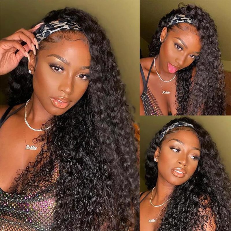 200 Density Deep Wave Headband Wig Human Hair 26 Inch Curly Half Wig Human Hair None Lace Front Wigs for Black Women Natural Color, 100% Human Hair, No Shedding