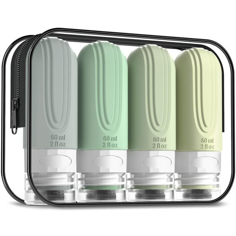 Mrsdry Travel Bottles for Toiletries, Tsa Approved 2oz Travel size Bottles, BPA Free Leak Proof Travels Toiletry Containers, Traveler Accessories with Toiletry Bag for Shampoo Liquid (4 Pack)