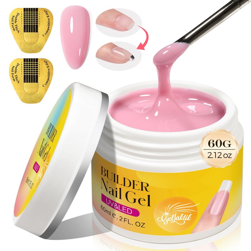 GELLAKTIK Builder Gel for Nails, 60g Light Pink Hard Gel for Nail Extension with 10 Nail Forms, Strengthener & Thickening, UV LED Lamp Cured Sculpture, Repair Broken Nails, Salon DIY Manicure Kit