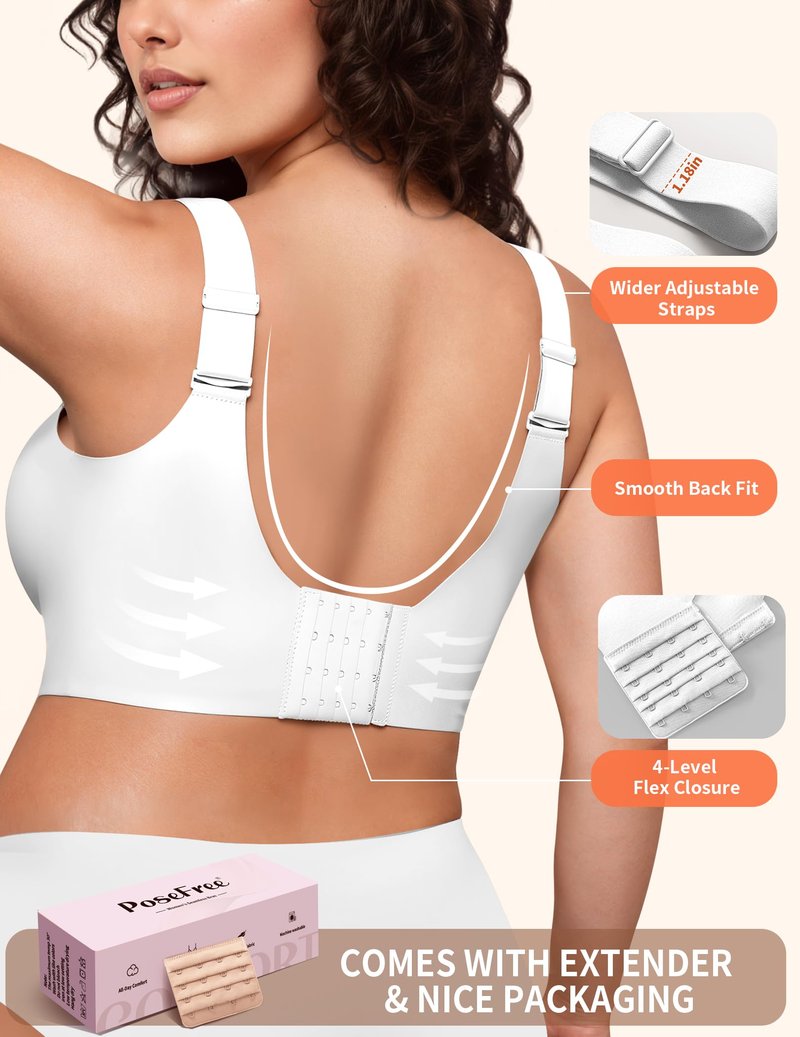 PoseFree Wireless Bras for Women Full Coverage Bra Full Support and Lift No Underwire Back Smoothing Bralette Everyday Bra (White,XL)
