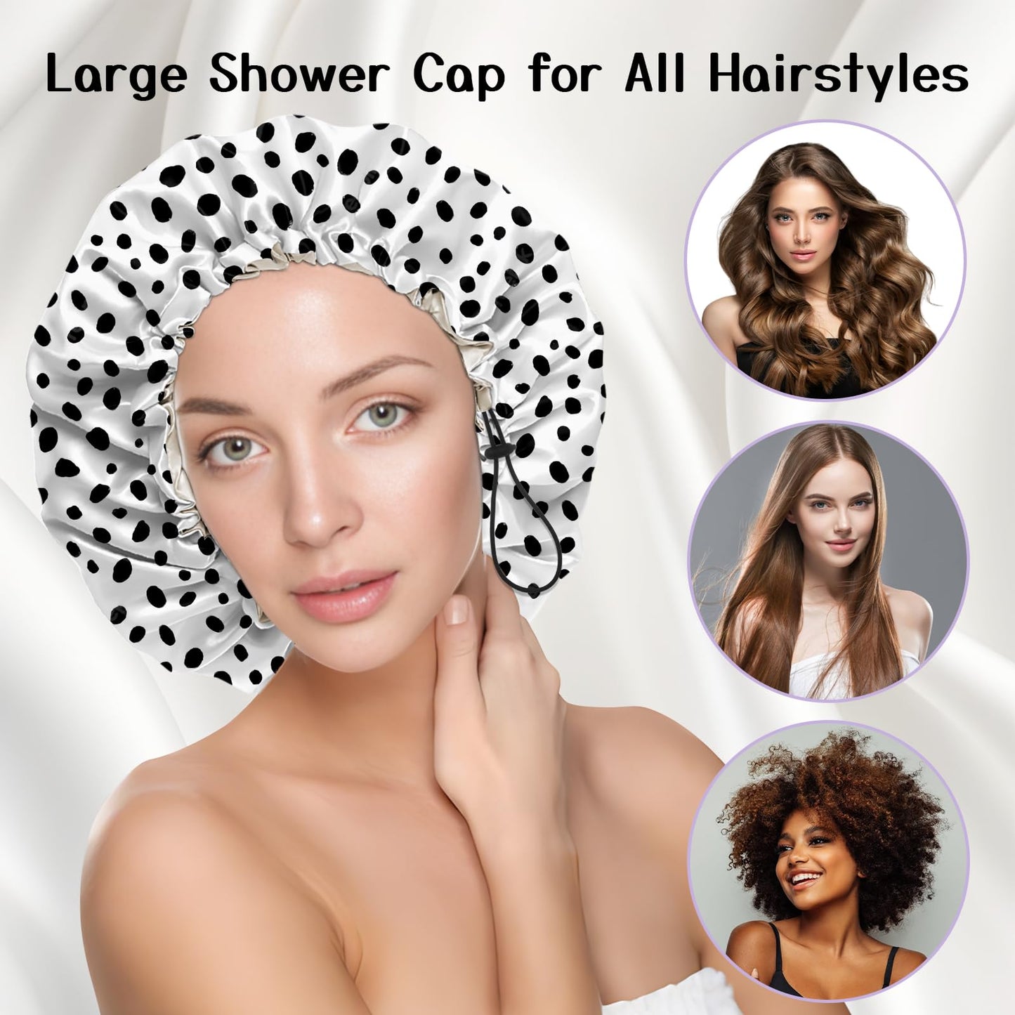 Deokke Luxury Shower Cap Silk Satin Lined Waterproof Reusable Adjustable Elastic Dry Hair Bathing Caps Cute for Women Girls-Spot