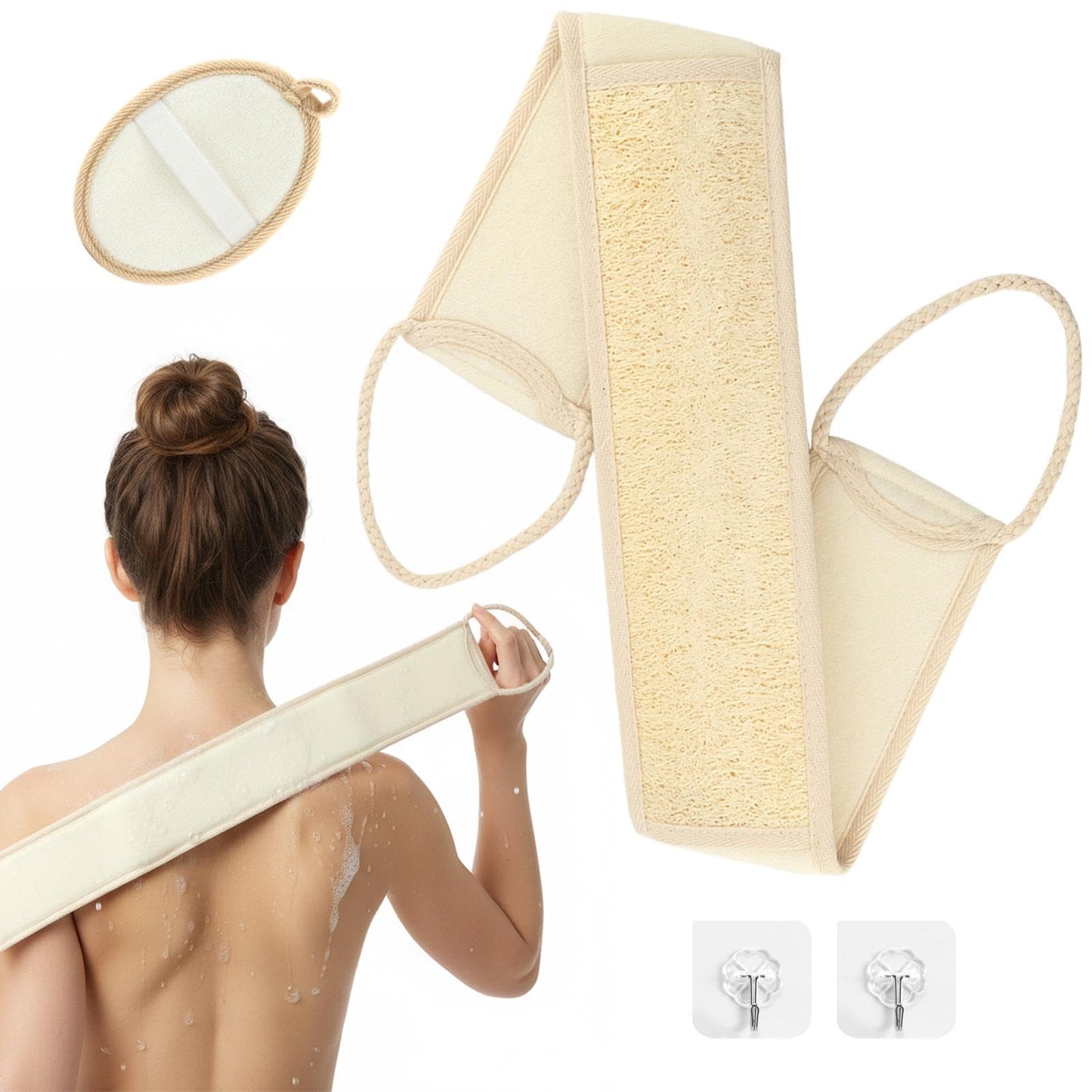 Natural Loofah Shower Back Scrubber Set, luffa Exfoliating Bath Strap, Back exfoliator for Shower, Textured Body Scrubber for Men and Women, with Hooks