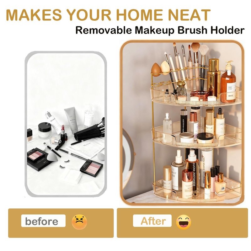 FELIZHOUSE 3-Tier Corner Bathroom Counter Organizer, Bathroom Countertop Shelf Makeup & Skincare Storage with Brush Holder for Vanity, Dresser, Kitchen - Amber