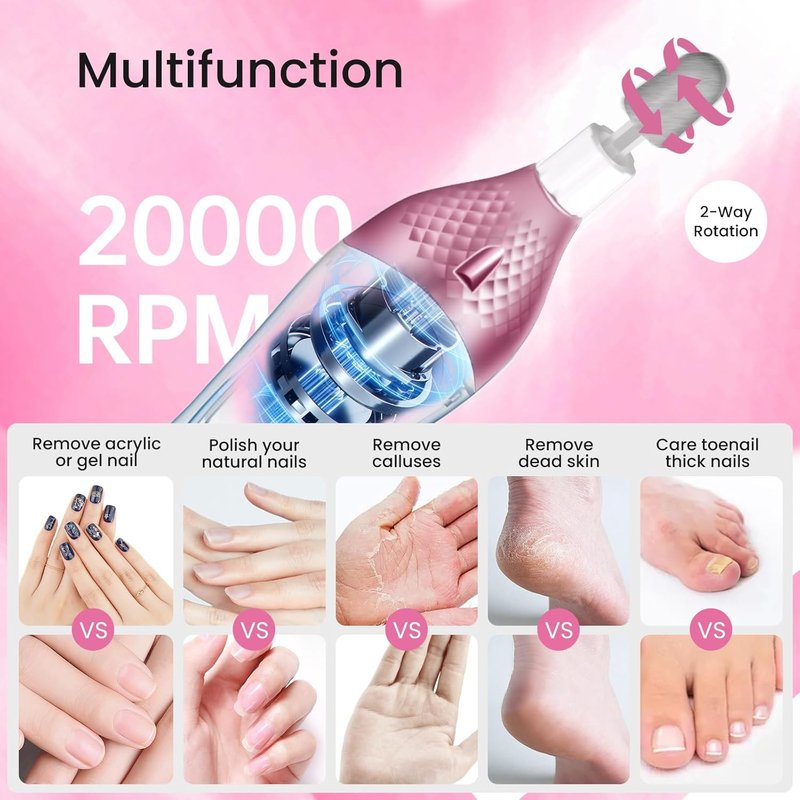 Professional Manicure Pedicure Kit - Cordless Electric Nail File, 20,000 RPM, 11 Bits | Rechargeable Foot & Hand Care Tool