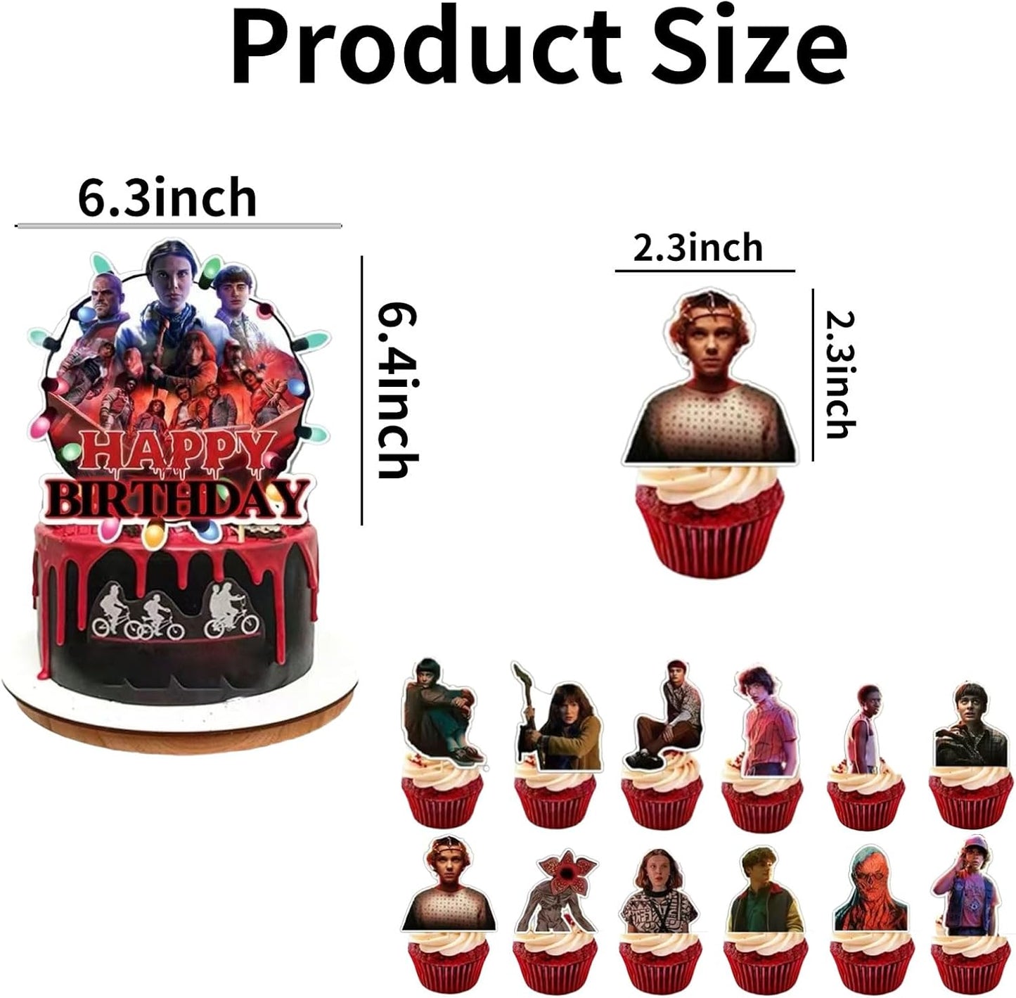 Stranger Things | 13 Pcs Cake Decoration Set - 12 Cupcake Toppers & Happy Birthday Topper for Themed Parties