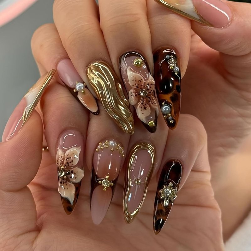 Almond Press-On Nails | Brown Floral Artificial Nails with Gold Charm | 24 Pcs Summer Design
