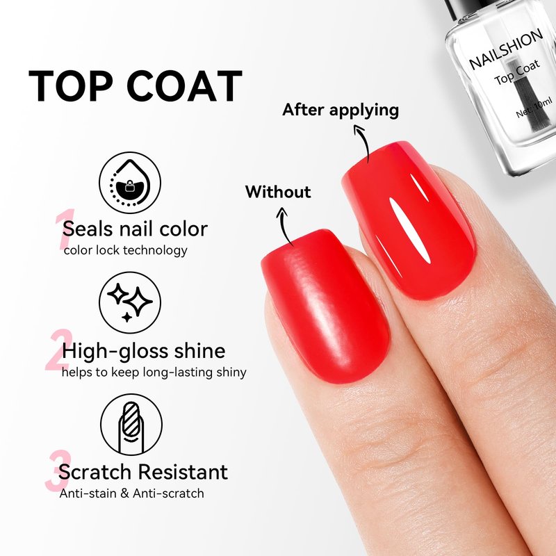 Nailshion Base Coat and Top Coat, Clear Regular Nail Polish, Rich in VE Calcium Quick Air Dry Nail Strengthening Non Gel, 2Pcs Vegan Base Chip Resistant High Shine Long-lasting Nail Art Gift Set