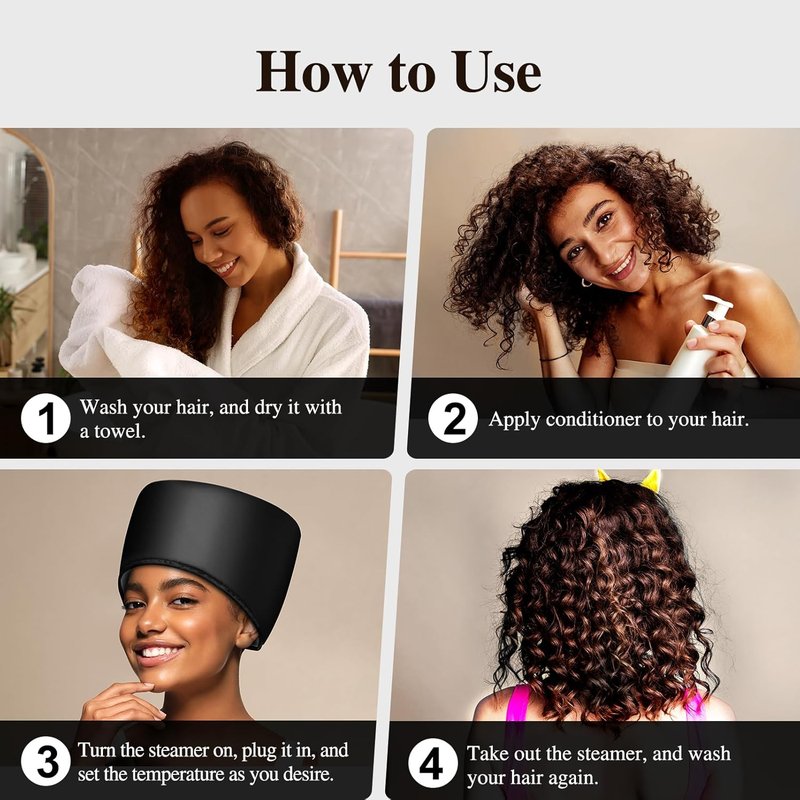 Heated Electric Thermal Steamer Cap | Deep Conditioning Hat for Natural Black Afro Hair - Temperature Control - Black