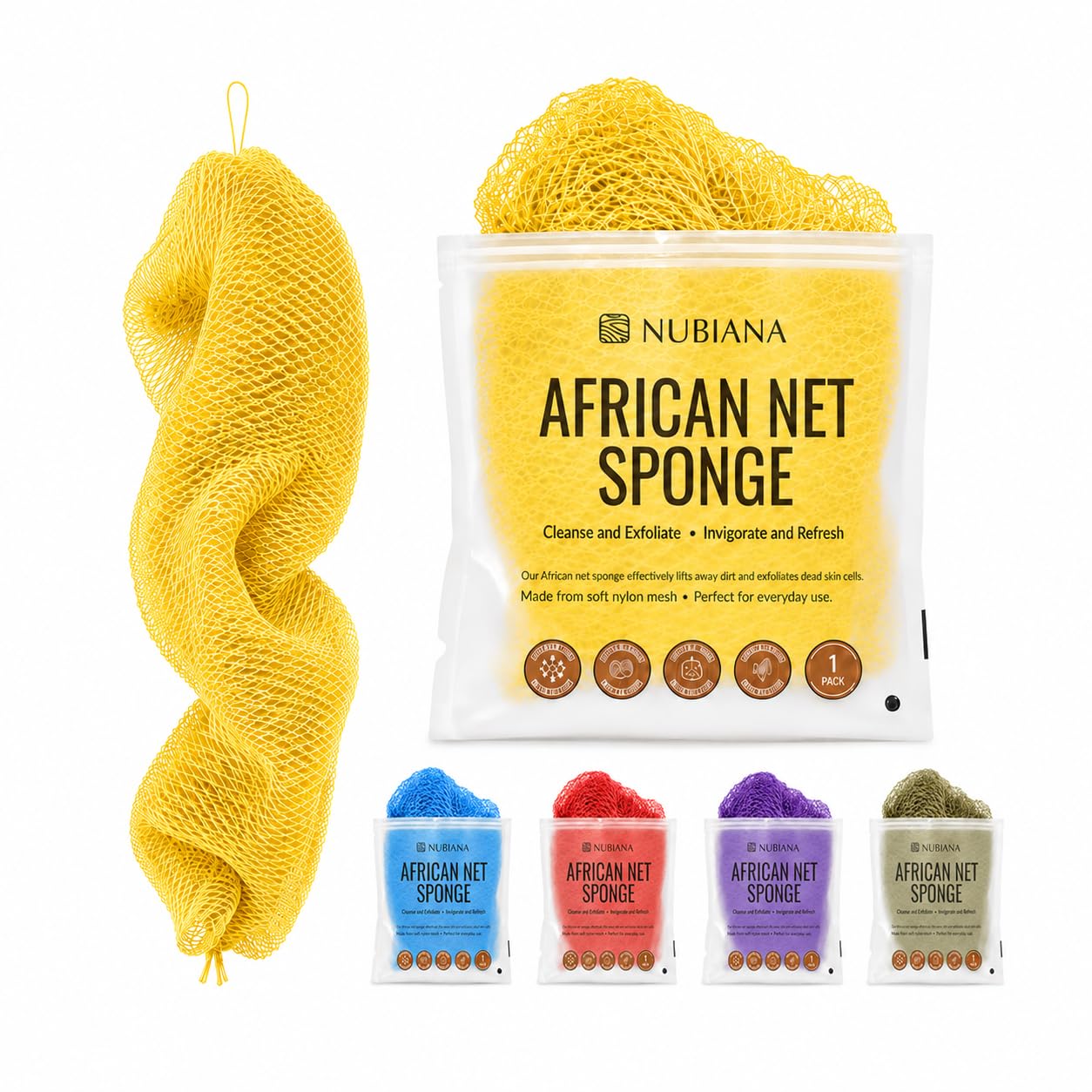 Nubiana African Net Sponge Authentic with Knots, 45 Inch Handwoven Nigerian Exfoliating Body Sponge with Handles, Quick-Drying Nylon Mesh Body Scrubber, Reusable Bath Sponge (Yellow)