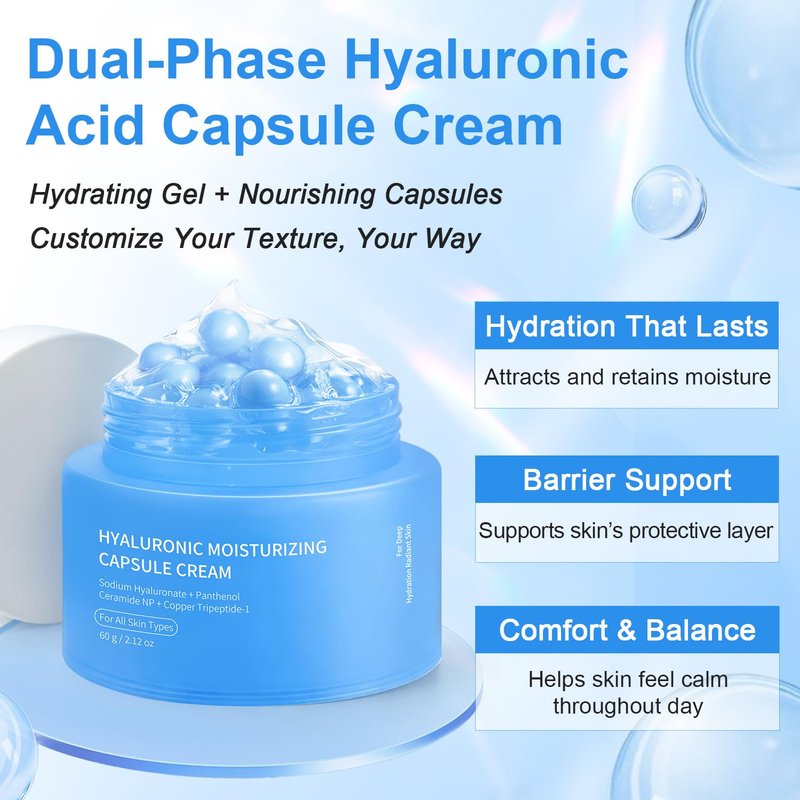 Hyaluronic Capsule Cream - Lightweight Moisturizing Gel for Glowing Skin | Ceramides & Peptides | 2.12 oz