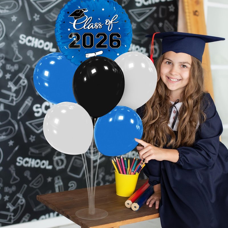 Graduation Decorations - 4 Set Balloon Stands, Class of 2026 Congrats Grad Table Centerpieces for Graduation Party Supplies(Blue & Black)