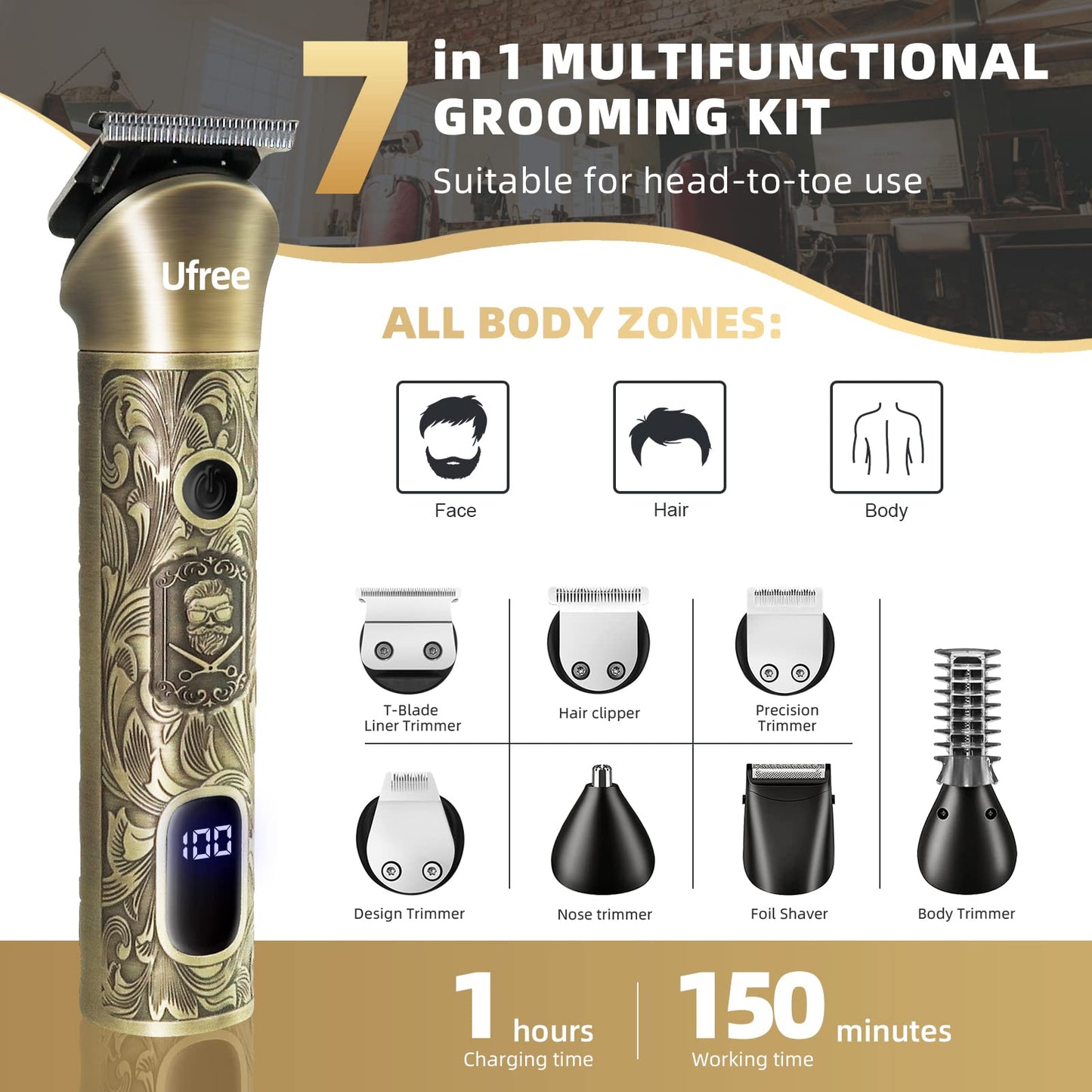 Ufree Beard Trimmer for Men, Electric Razor Shaver, Cordless Hair Clipper Shaving Kit for Mustache Body Nose Ear Hair Facial, Adjustable Beard Grooming Kit Father Birthday Gifts for Men Husband Dad