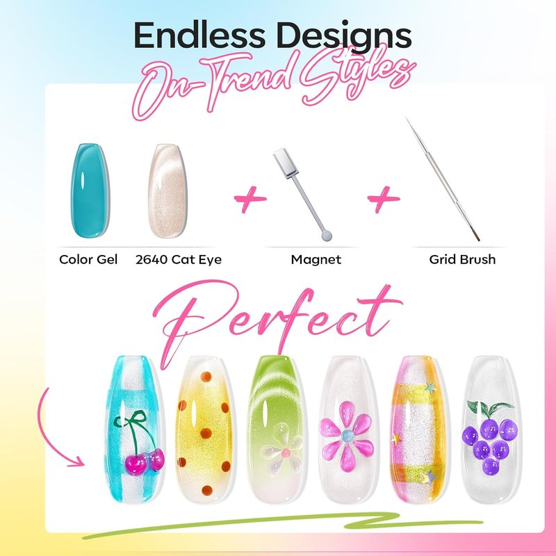 Modelones Gel Nail Polish Set - 6 Summer Nude Cat Eye Colors | Translucent Bright Neon Shades with Magnet & Liner Brush