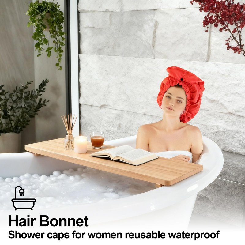 ELEBOX Extra Large Shower Cap for Braids/Curly Hair/Dreadlock | Reusable Waterproof Long Bonnets for Women Bath/Swim/Cooking/Cleaning/Spa | XL Bathing Cap with Adjustable Drawstring & Button, Red