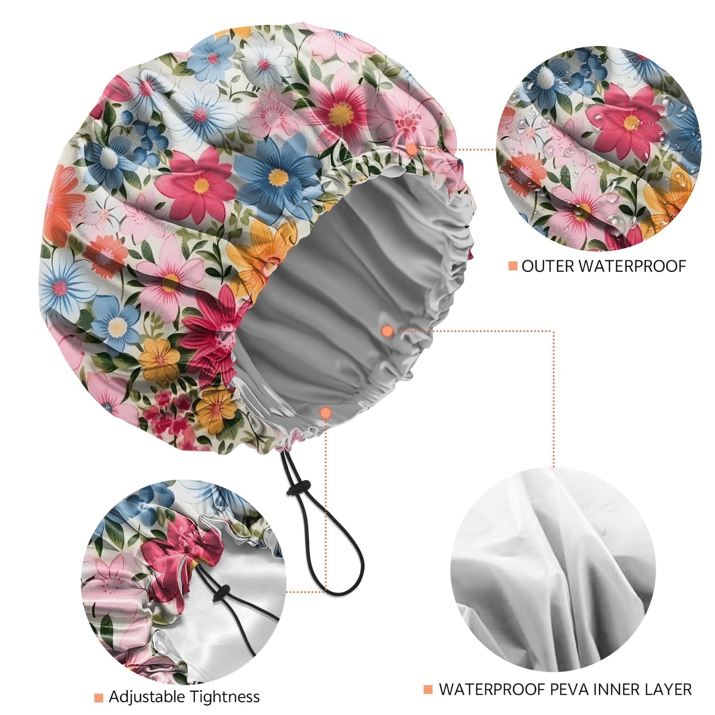 BHAHB Shower Cap Reusable Double Layer Adjustable Elastic Waterproof EVA Hair Bath Caps for Women Girls Cute Aesthetic-Flowers