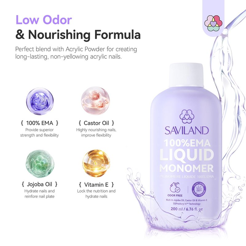 SAVILAND EMA Monomer Acrylic Nail Liquid: 6.76fl.oz Non-Yellowing Low Odor Acrylic Liquid Monomer with Size 8,10,14 Brushes for Beginners DIY Nail Art Extension & 3D Sculpting Home Salon