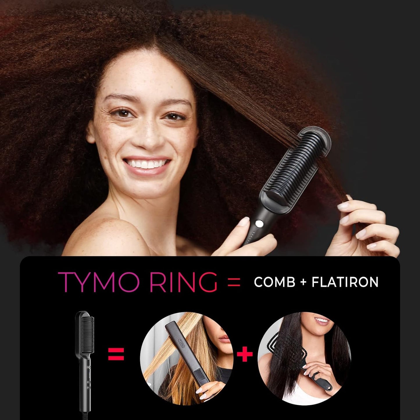 TYMO Ring Hair Straightener Brush - Fast Heating Comb with 5 Temperature Settings | Black