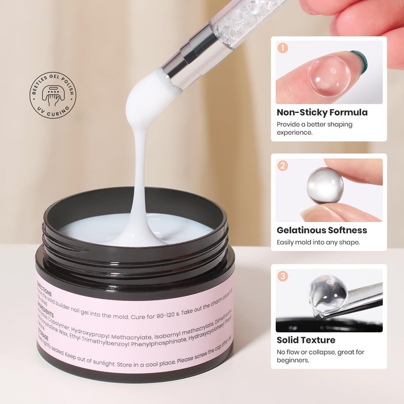 Beetles 3D Gel Nail Art-1 oz White Solid Builder Nail Gel,5 in 1 Non-Sticky Sculpting Building with Dual-ended Sculpting Pen,Rhinestones,Pearls, Glue for Beginner Salon,Snowy Cone,UV LED Lamp Needed