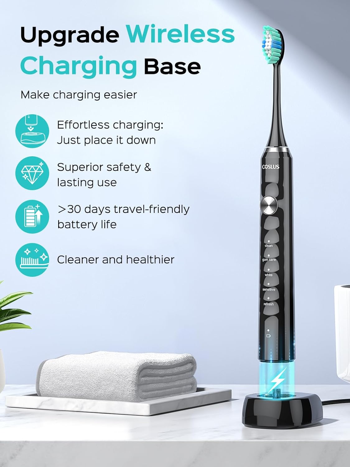 Sonic Electric Toothbrush for Adults - 47000 VPM Deep Cleaning, 5 Modes, Wireless Charging | Black with Travel Case & 6 Brush Heads