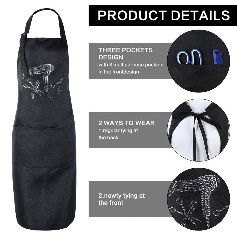 Hairstylist Aprons for Women with 3 Pockets, Adjustable Hair Stylist Apron with Rhinestone Pattern, Waterproof Hairs Cutting Apron Hairdresser Hair Aprons for Stylist Barber Salon, Women and Men