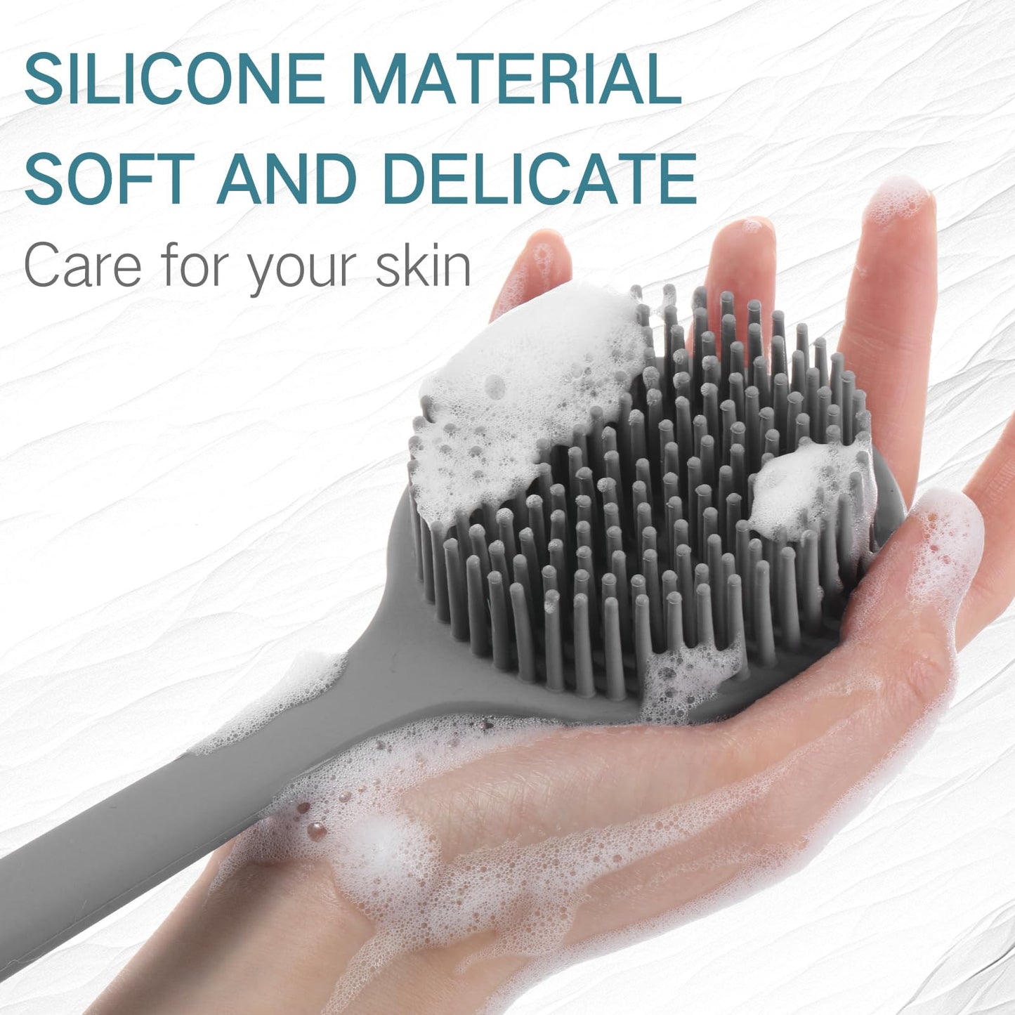 Sunnyray 2 Pack Silicone Back Scrubber for Shower with 15" Long Handle Double-Sided Bath Body Brush for Exfoliating Easy to Clean Quick Dry Deep Cleaning Lathers Well(Grey)