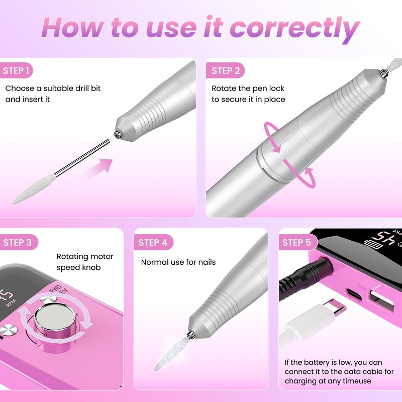 Portable Nail Drill Electric File: Cordless Nail Drills for Acrylic Nails Professional Rechargeable Nail Machine Kit Manicure Pedicure Tools Polishing Set for Shaping, Removing & Polishing Gel Nails