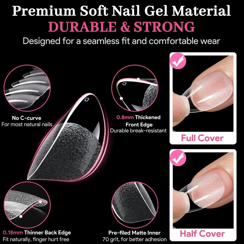 Qiek Short Almond Nail Tips - 15 Sizes 240 PCS Half Matte Full Cover Clear Fake Nails Pre-shaped Press On False Nail Tips Acrylic Soft Nail Gel Tips No C Curve Extension Manicure Home DIY Gelly Tips