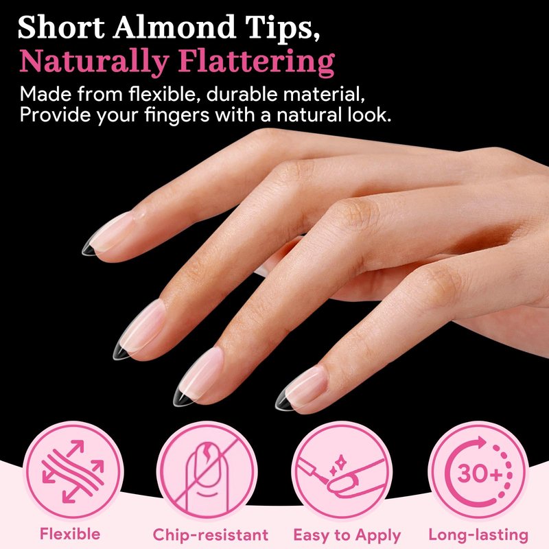 Qiek Short Almond Nail Tips - 15 Sizes 240 PCS Half Matte Full Cover Clear Fake Nails Pre-shaped Press On False Nail Tips Acrylic Soft Nail Gel Tips No C Curve Extension Manicure Home DIY Gelly Tips
