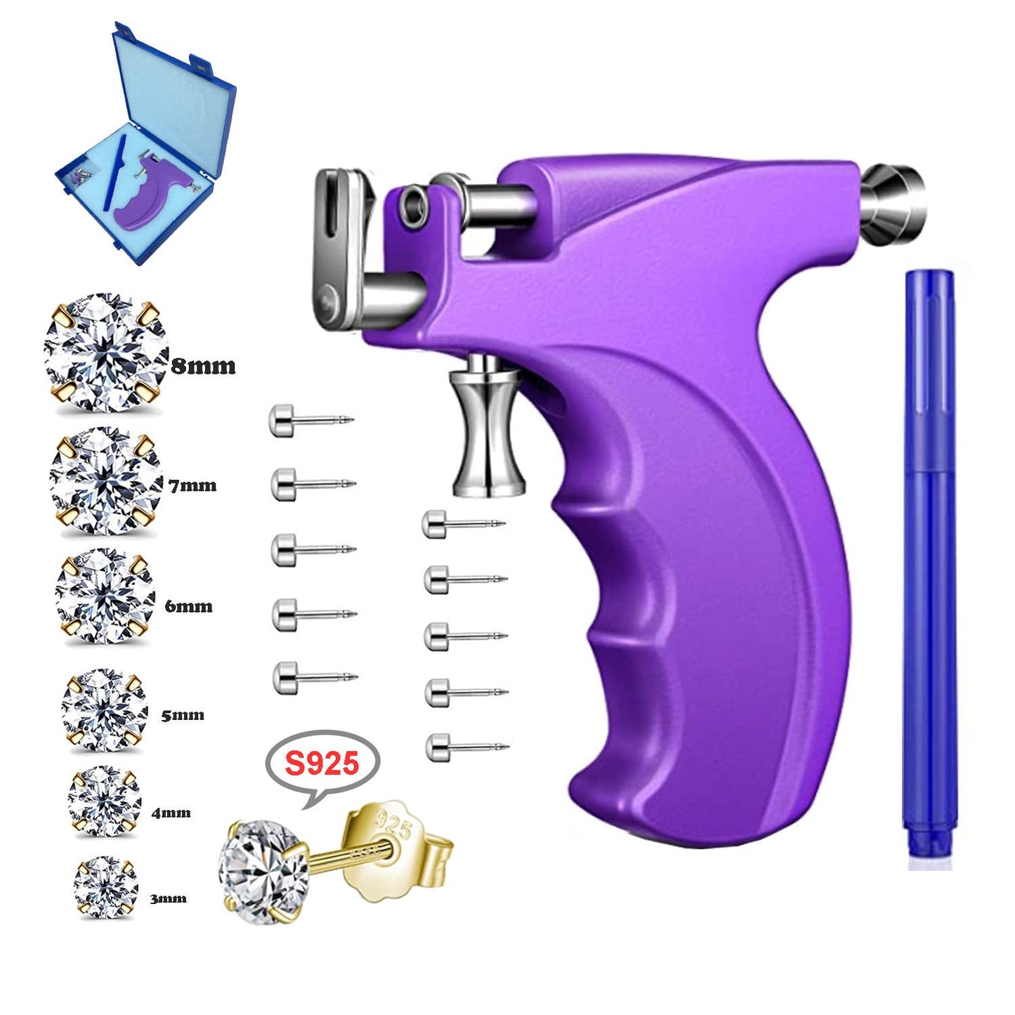 Professional Ear Piercing Gun Kit Reusable for Body Nose Lip Piercing with 16 Pairs Hypoallergenic Earrings (6 Pairs Sterling Silver Stud Earrings 18K Yellow Gold Plated+10 Pairs Gun Stud Earrings)