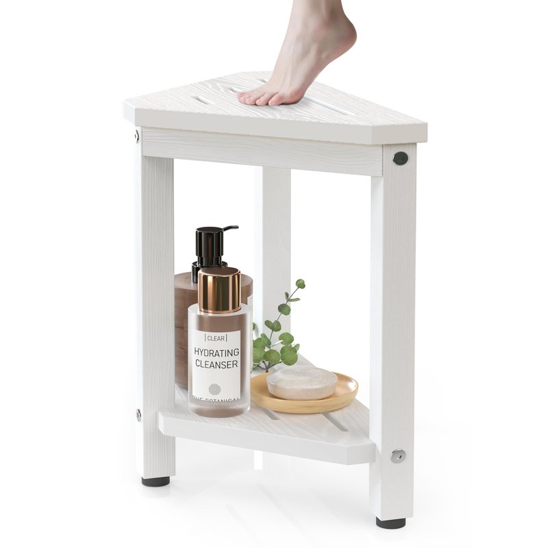 Shower Foot Rest 14in, HDPE Waterproof Shower Stool for Inside Shower, Corner Shower Stool for Shaving Legs with Storage Shelf, Shower Step Stool for Small Space, Plastic Corner Shower Bench, White